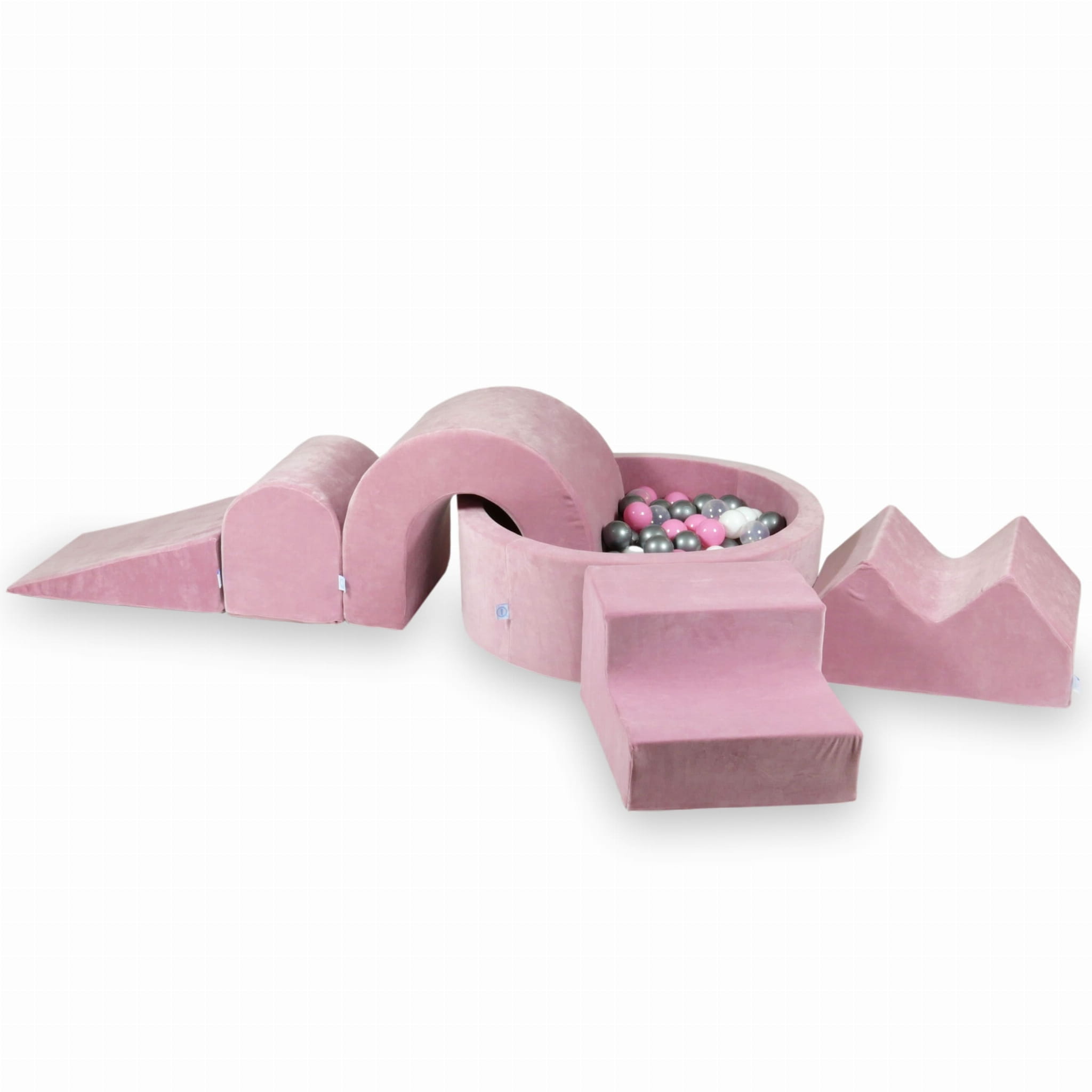 Schaumstoffspielbereich mit rundem Pool 90x30 Velvet Soft Rose + 5 Elemente + 200 Bälle (transparent, weiß, silber, puderrosa)