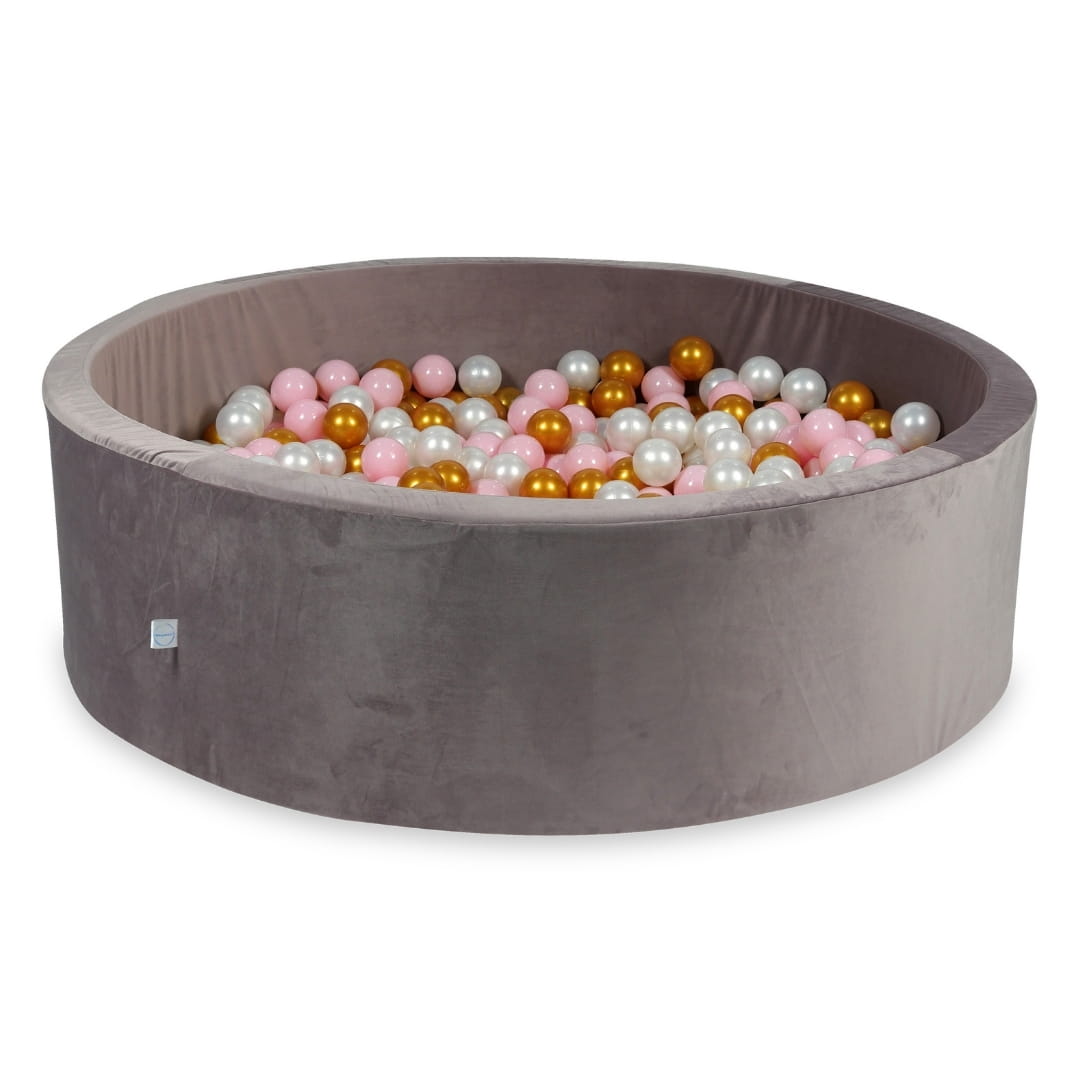 130x40 Samt-Bällebad in Flieder mit 700 Bällen (hellrosa, perlmuttfarben, goldfarben)