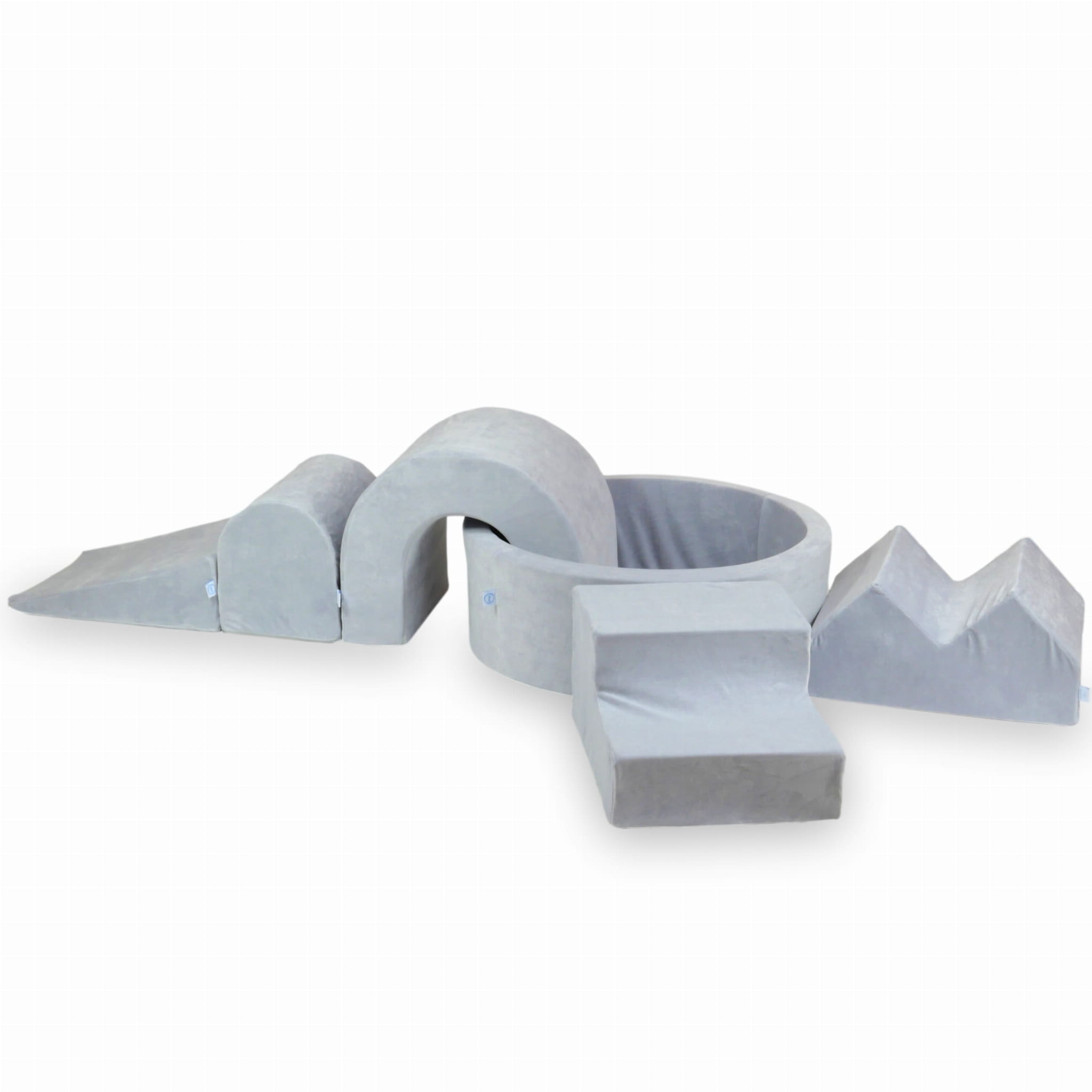 Schaumstoff-Spielbereich mit rundem Pool (90 x 30 cm), samtweich, hellgrau + 5 Elemente (ohne Bälle)