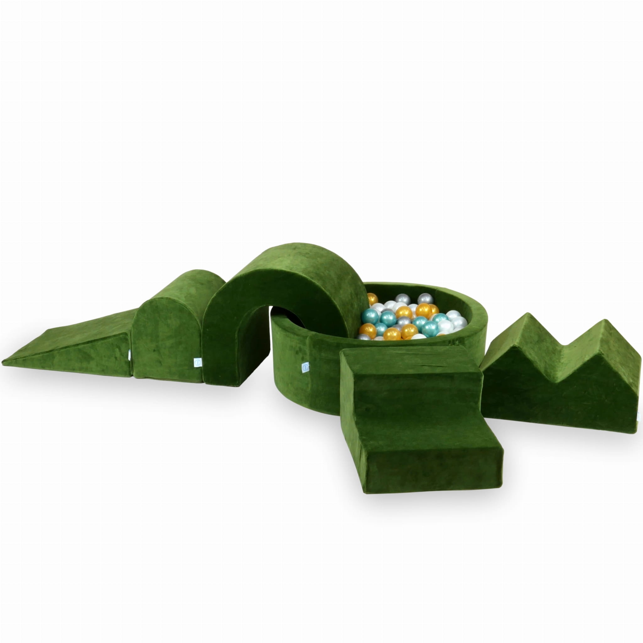 Schaumstoff-Spielbereich mit rundem Pool 90x30 Velvet Soft Olive + 5 Elemente + 200 Bälle (Perle, Silber, Gold, Metallic-Türkis)