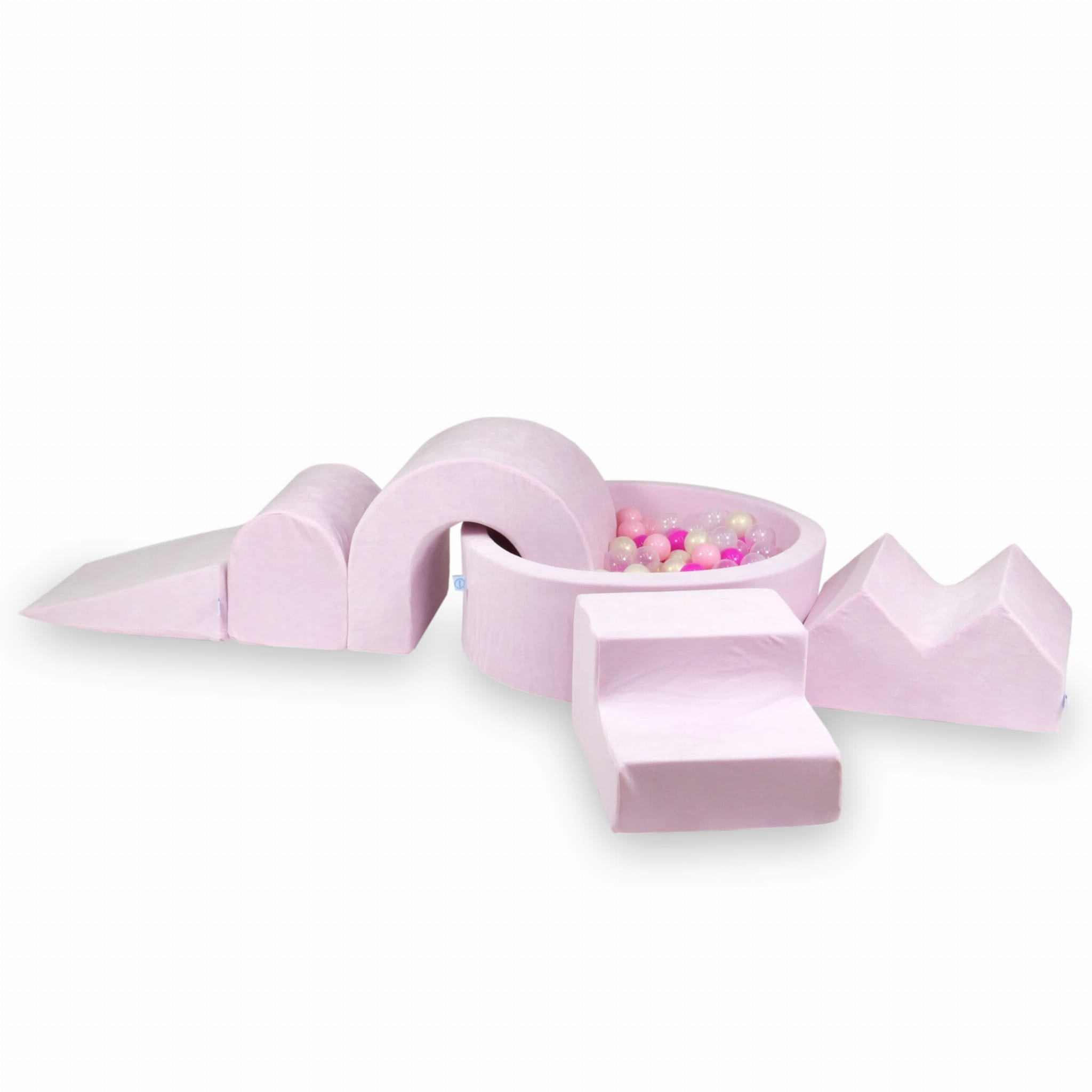 Schaumstoff-Spielbereich mit rundem Pool 90x30, samtweich, hellrosa + 5 Elemente + 200 Bälle (transparent, opalisierend, hellrosa, rosa)
