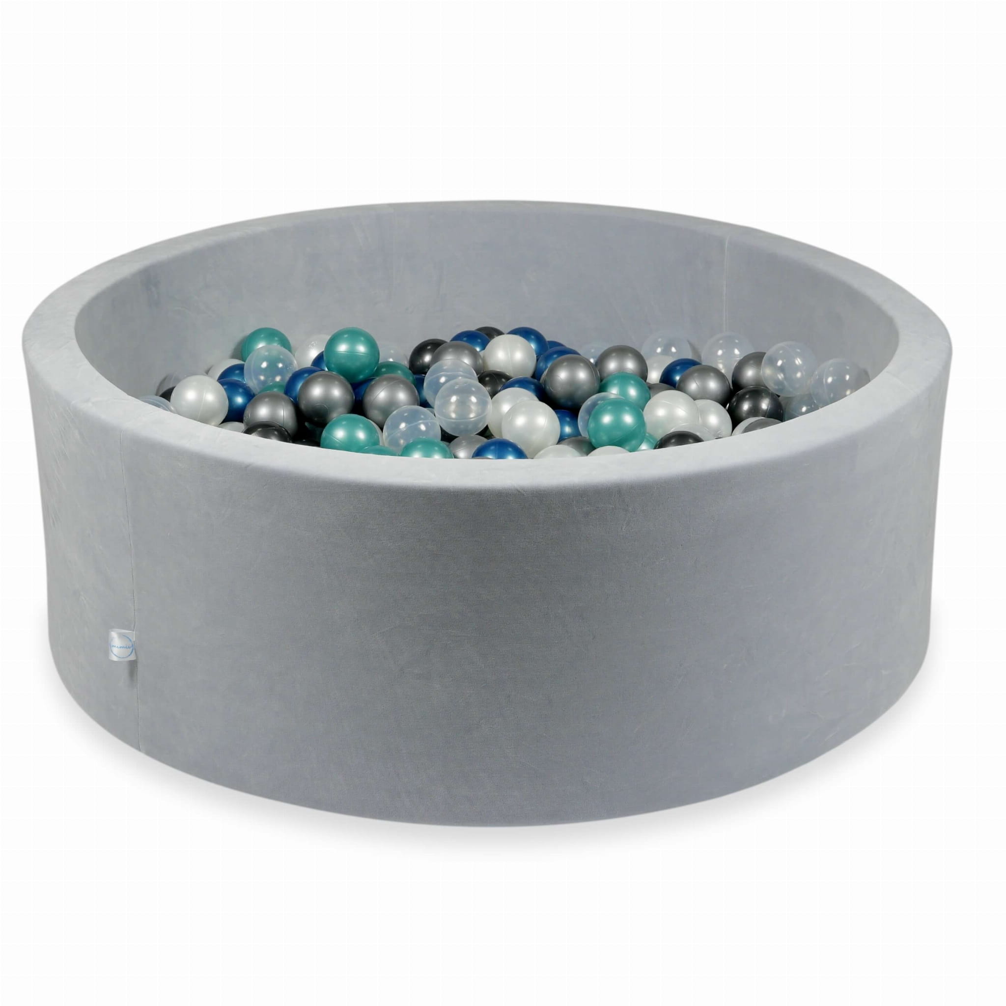 110x40 Velvet Soft hellgraues Bällebad mit 500 Bällen (metallic türkis, metallic blau, silber, metallic graphit, transparent, perlmutt)