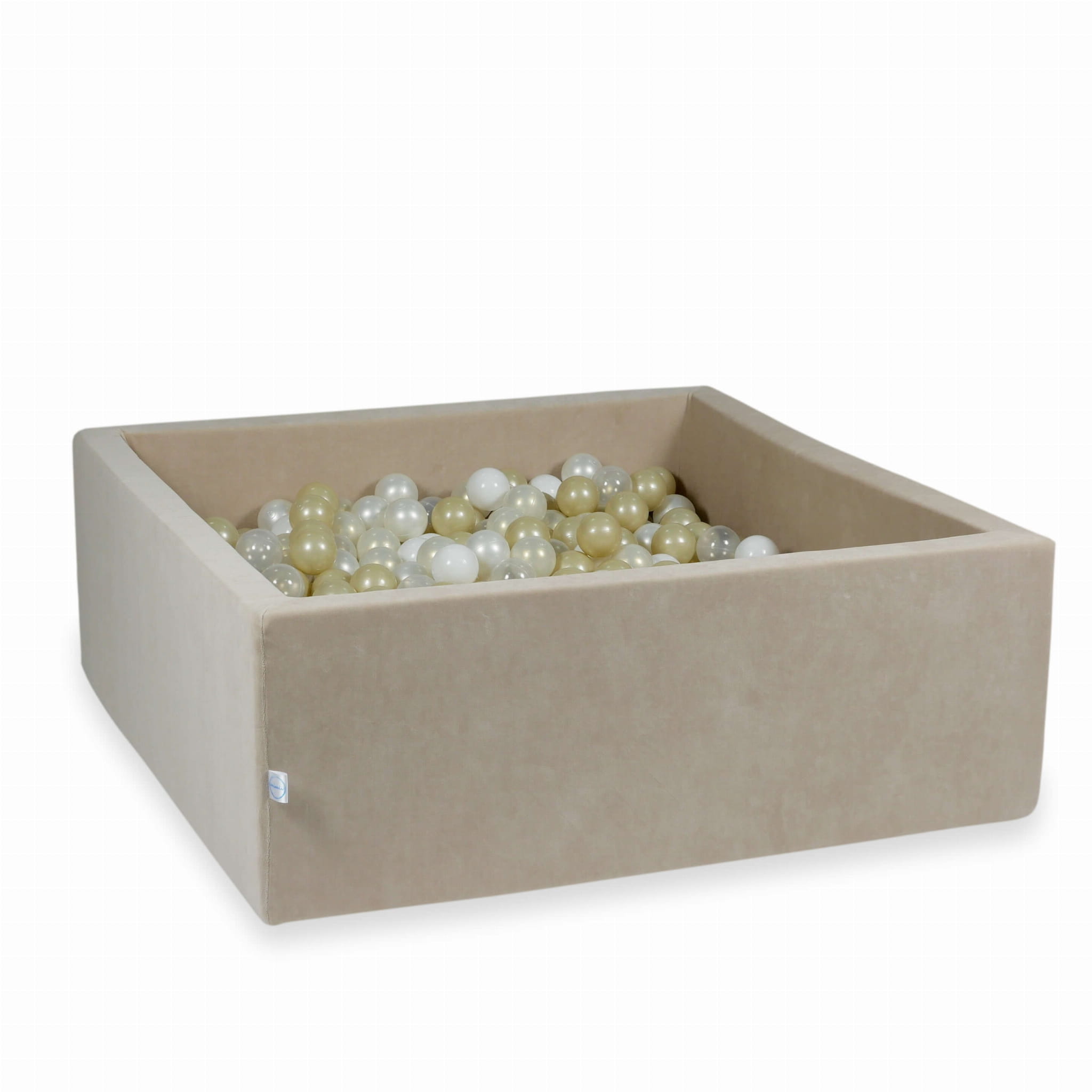 Bällebad 110x110x40 Samtweich beige mit 600 Bällen (transparent, weiß, perlmuttfarben, hellgold, irisierend)