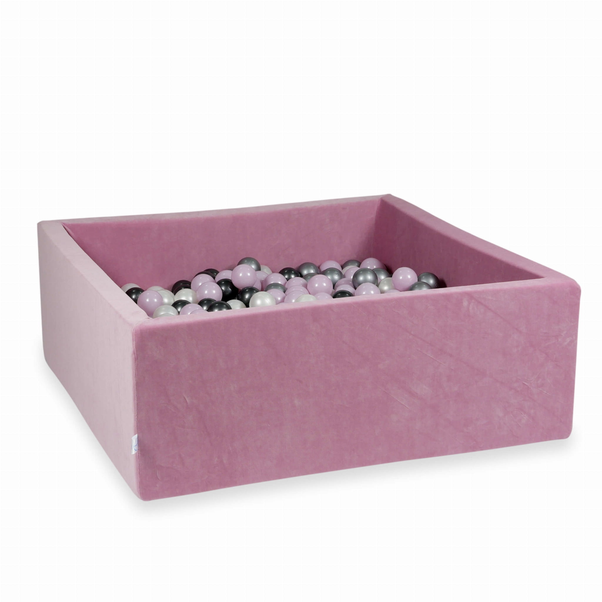 110x110x40 Samtweiches rosa Bällebad mit 600 Bällen (Hellperlmuttrosa, Silber, Metallic-Graphit, Perlmutt)