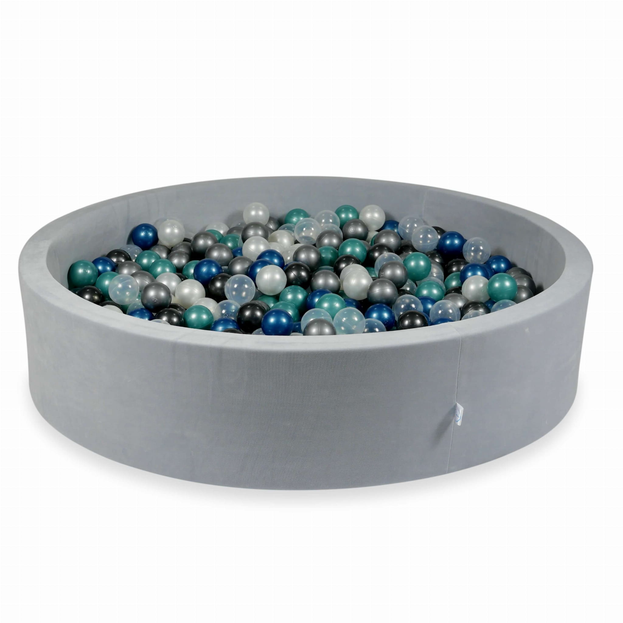 130x30 Velvet Soft hellgraues Bällebad mit 600 Bällen (metallic türkis, metallic blau, silber, metallic graphit, transparent, perlmutt)
